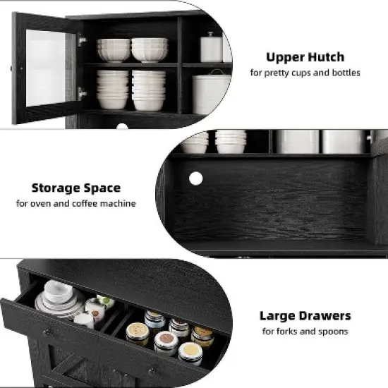 Kitchen Pantry Cabinet with Microwave Stand, Freestanding Hutch Cabinet with Buffet Cupboard,Black image {5}