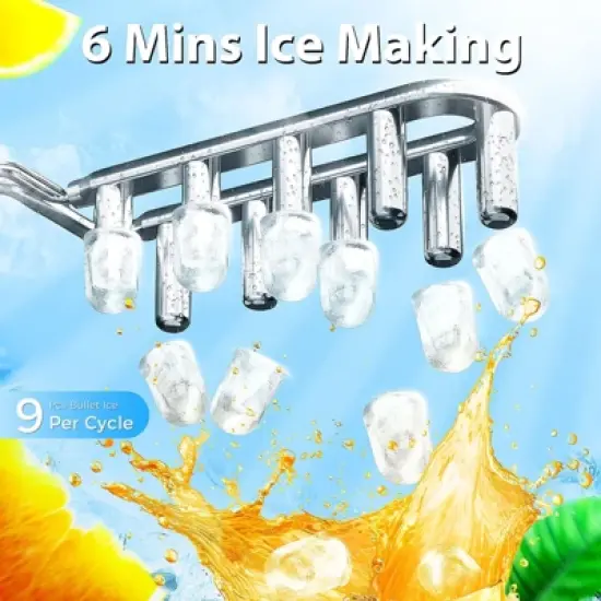 R.W.FLAME Stainless Steel Ice Maker Countertop, Bullet ice, 26.5Lbs/24H, 9 Pcs/6 Mins, with self-cleaning, ice basket, and scoop, with Handle image {5}