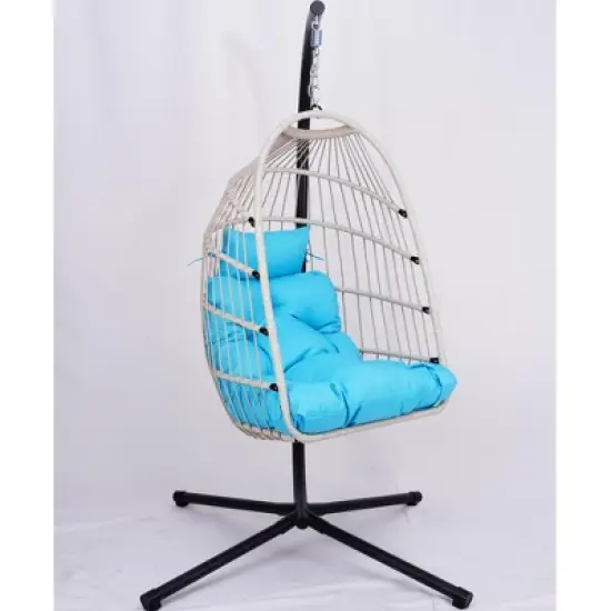 DOMETOUR Outdoor Egg Hanging Chair with Stand, Patio Wicker Swing Egg Chair Indoor Swinging Chair Outdoor Hammock Egg Chair BLUE image {8}