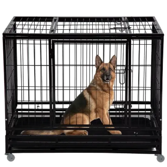 FDW 36/42/48 Inch Dog Crate Heavy Duty Dog Kennel Indoor Outdoor Metal Dog Cage with Removable Pan and Lockable Wheels Pet Playpen for Training image {7}