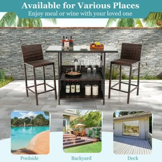 Costway Patio 3PCS Wicker Bar Set Height Table Two Stools with 3 Rows Stemware Racks Garden image {7}