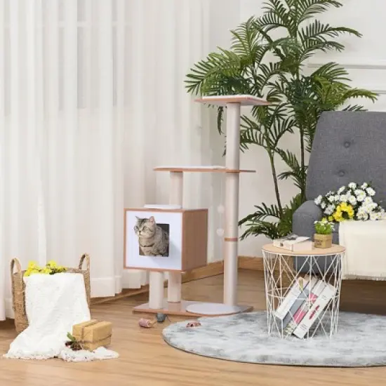 PawHut 47&rdquo; Modern Cat Tree Multi-Level Scratching Post With Cube Cave Enclosure - Oak Wood image {2}