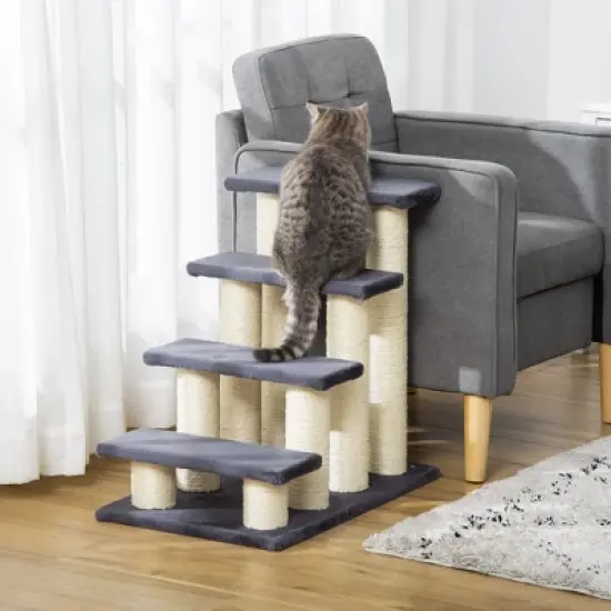 PawHut Cat Tree with 4 Stair Steps for High Beds Couch, Cute Cat Tree for Indoor Cats Dogs w/ Sisal Scratching Post, Climbing, Playing, Gray image {2}