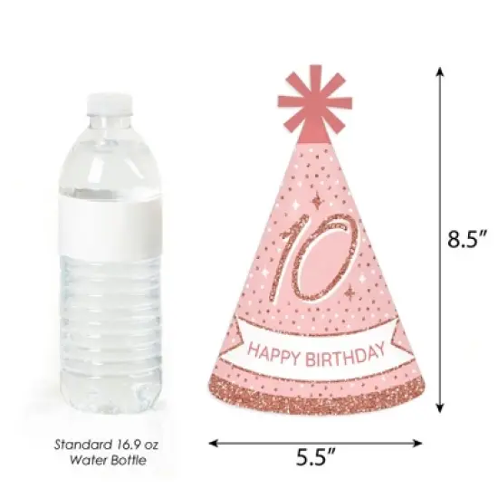 Big Dot of Happiness 10th Pink Rose Gold Birthday - Cone Happy Birthday Party Hats for Kids and Adults - Set of 8 (Standard Size) image {2}