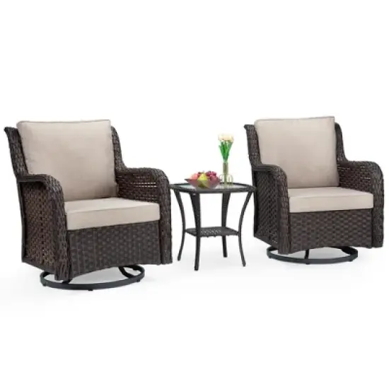 Outdoor Swivel Rocking Chair, 3 Piece Rattan Encrypted Patio Furniture Wicker Bistro Set,Beige image {2}