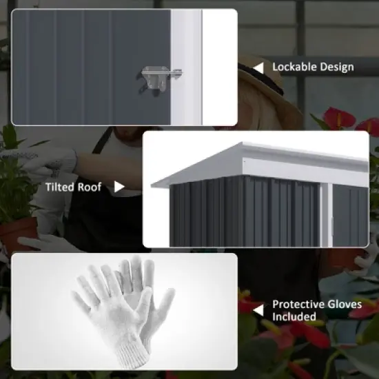 Outsunny 5' x 3' Steel Outdoor Storage Shed, Small Lean-to Shed for Garden, Tools, Tiny Metal Garage, Floor Base, Shelf, Lock, Dark Gray image {4}