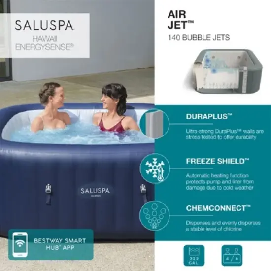 Bestway SaluSpa Hawaii AirJet 6 Person Square Inflatable Hot Tub w/140 Jets & EnergySense Cover, Blue & Non Slip Seat w/Adjustable Legs, Gray (2 Pack) image {1}