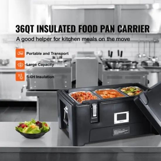 VEVOR Insulated Food Pan Carrier, 36Qt Capacity, Stackable Catering Hot Box with 3 Stainless Steel Pans, Top Load LLDPE Food Warmer, Black image {2}