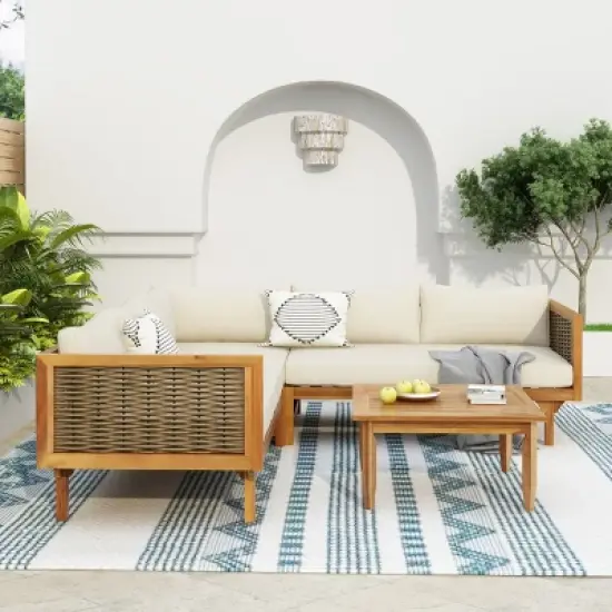 Outdoor Modular Sofa Set with Waterproof Cushions, Sectional Wicker Patio Seating for Garden, Porch or Deck-Maison Boucle image {1}