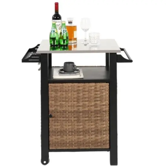 Outdoor Kitchen Wicker Island Rolling Cart & Storage Cabinet, Wheels and Stainless Steel Extended Table Top Brown image {2}