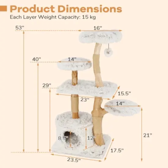 Costway 53&rdquo; Tall Modern Cat Tree w/ Natural Wood Branches Scratching Posts Pet Furniture Kitty Playground image {2}
