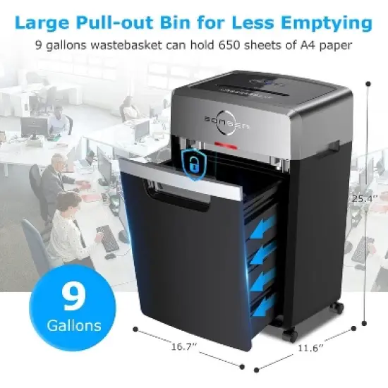 BONSEN Heavy Duty 24-Sheet Cross-Cut Shredder, 40-min runtime, 9-gallon bin, 55dB quiet, P-4 high security, commercial-grade for office use image {3}