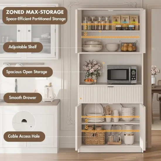 White Fluted Pantry Cabinet 70" Tall - w/Countertop, Doors & Drawer - Freestanding for Kitchen, Dining & Living Room image {4}