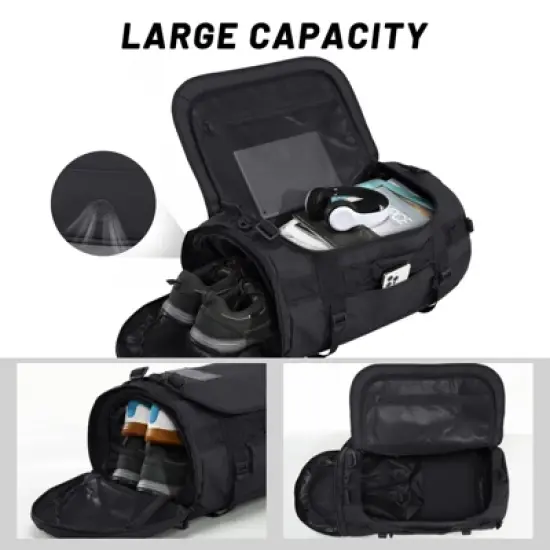 Large Duffel Backpack Sports Gym Bag with Shoe Compartment, Heavy Duty and Water Resistant, Black, 45L image {6}