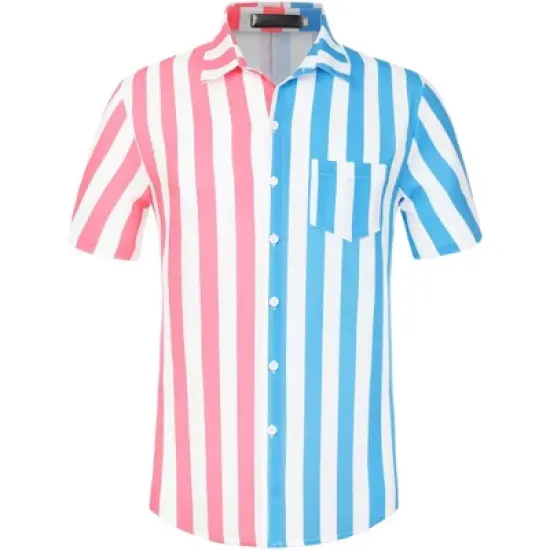 Lars Amadeus Men's Summer Button Down Contrast Color Vertical Stripes Patchwork Shirts image {7}