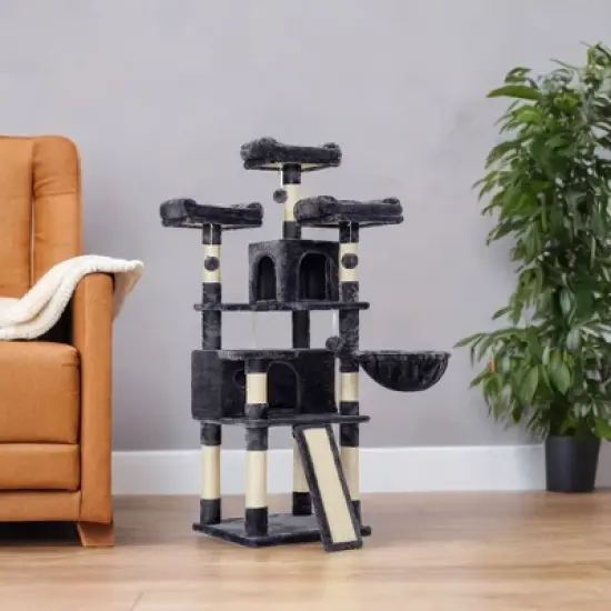 Cat Tree, Large Cat Tower, Cat Condo with Scratching Posts, Board, 2 Caves, 3 Plush Perches, Activity Center, 66.5 Inches image {5}