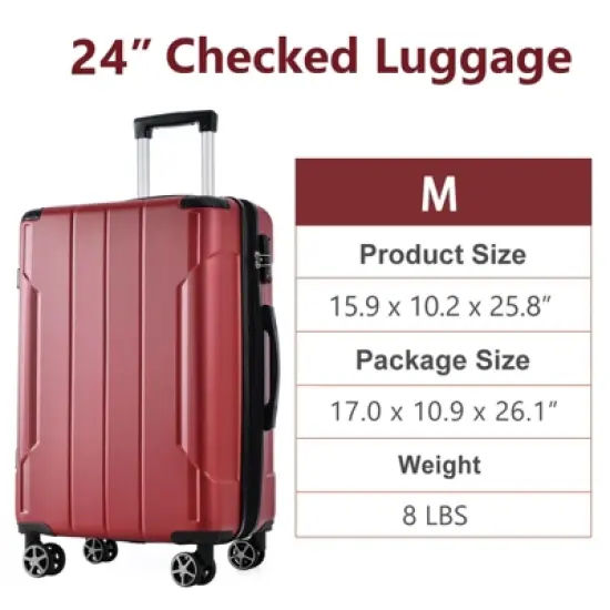 24 Inch Red Hardshell Luggage Lightweight Durable ABS Suitcases with Double Wheels Expandable Checked image {4}