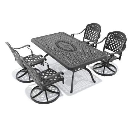 5-Piece Outdoor Dining Set, Cast Aluminum Rectangle Table with Swivel Chairs, Red Cushions, Umbrella Hole image {4}