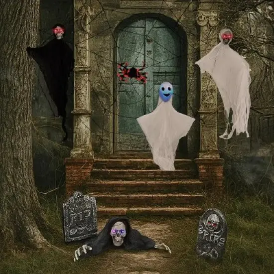 8-Piece Halloween Decoration Set with Swinging Ghosts, Crawling Skeleton, Gravestones, Giant Spider Web & LED Eyes &uml;C Indoor/Outdoor Spooky Yard image {5}