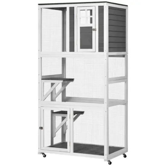 PawHut 74" Wooden Outdoor Cat House Weatherproof & Wheeled, Catio Outdoor Cat Enclosure with High Weight Capacity, Cat Cage Condo image {3}