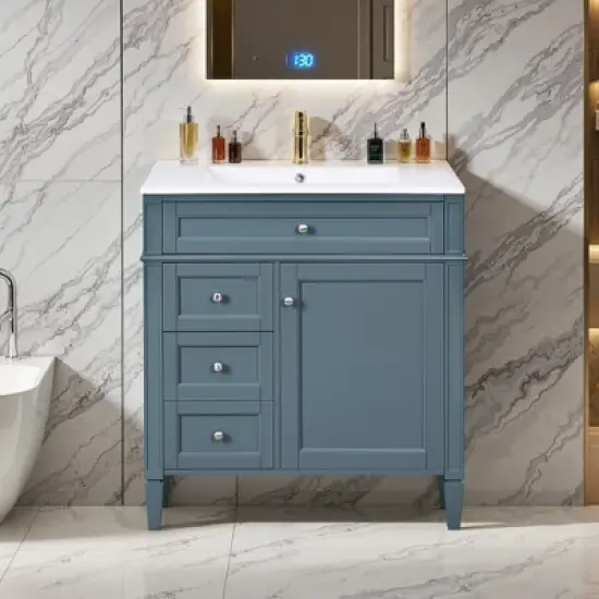 SpassWay 30"L White Modern Bathroom Vanity with Sink 2 Drawers Tip Out Storage Cabinet image {10}