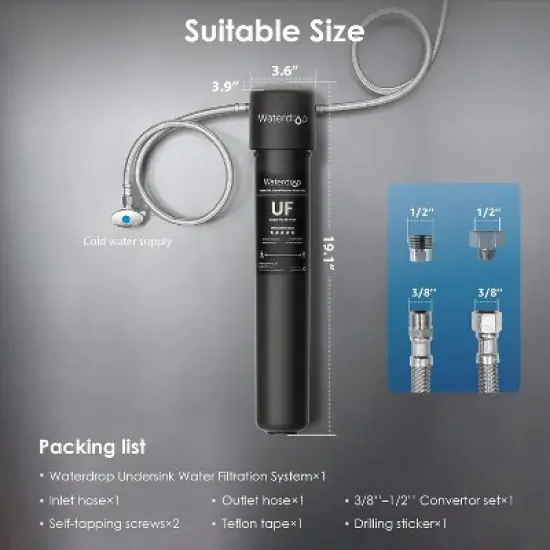 Waterdrop 17UA-UF Under Sink Water Filter, 3 Years/24K Gallons, 0.01 Micron Ultra Filtration, Extra RF17-UF Replacement Filter image {8}