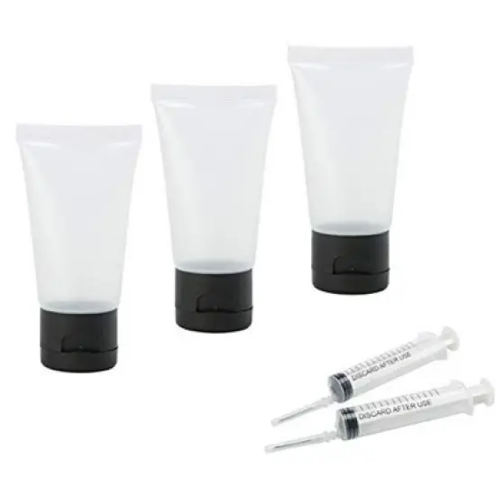 TravelWell 50 Pcs Clear Plastic Empty Bottles with Black Flip Cap, 30ml, Includes 2 Injector Syringes, Refillable Hand Cream Tubes image {6}