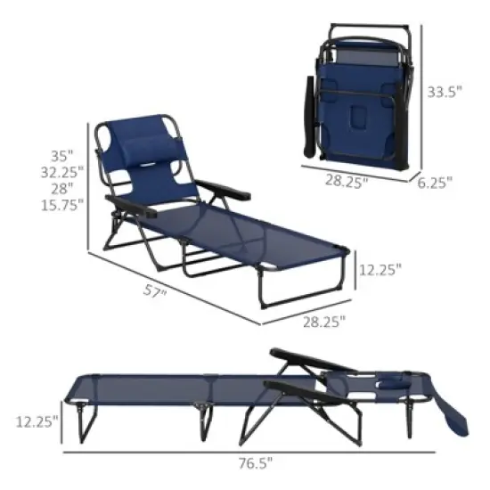 FURNIinspire Outdoor Portable Chair 4 Position Recline Foldable Design with Reading Hole for Poolside Relaxation, Black, Navy Blue, 74.4"*28.3"*32.3" image {3}