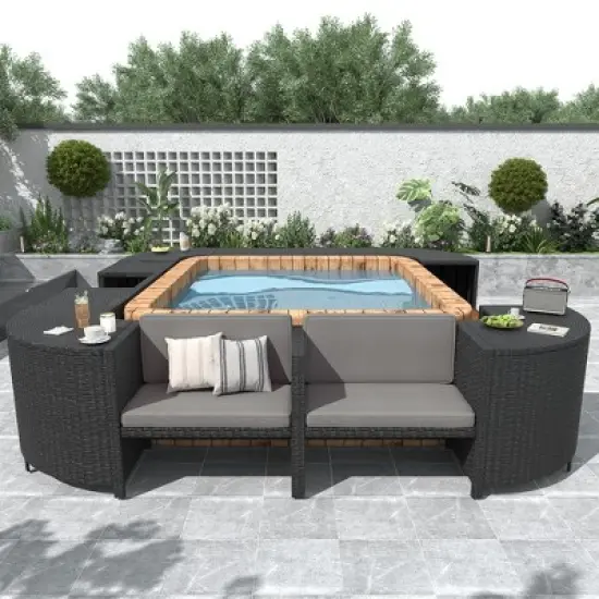 Spa Surround Spa Frame, Patio Rattan Sectional Sofa Set with Storage Spaces & Seats, Quadrilateral Outdoor Conversation Sofa Set for Poolside Garden image {9}