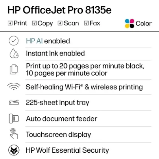 HP OfficeJet Pro 8135e Wireless All-in-One Color Printer Scanner Copier with 3 Months Free Instant Ink (40Q35A): Inkjet, USB, Bluetooth image {1}
