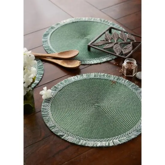DII Fringe Placemat Set 6 Piece, Dark Green, 14.75" Dia image {1}