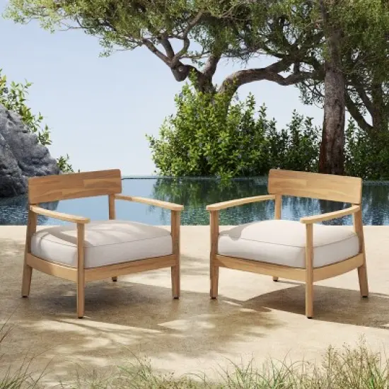 Set of 2 Acacia Wood Outdoor Lounge Chairs with Cushions,Patio Club Chairs with Backrest and Beige Seats-Maison Boucle image {7}