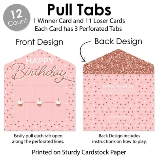 Big Dot of Happiness Pink Rose Gold Birthday - Happy Birthday Party Game Pickle Cards - Pull Tabs 3-in-a-Row - Set of 12 image {3}