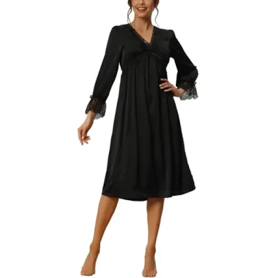 cheibear Womens Satin Nightgowns Long Sleeve Lace Trim V-Neck Pajama Dress image {8}