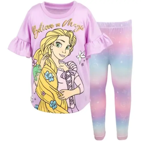 Disney Princess Moana Frozen Little Mermaid Rapunzel Jasmine Belle Girls T-Shirt and Leggings Outfit Set Toddler to Big Kid image {13}