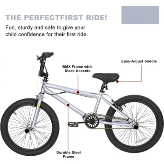 hykolity 20 inch BMX Bike Freestyle Cycling Trick Bicycle with 4 Pegs for Teenage Adults 7-18 Years Old Rider Height 48-68 inch V-Brake Silver image {1}
