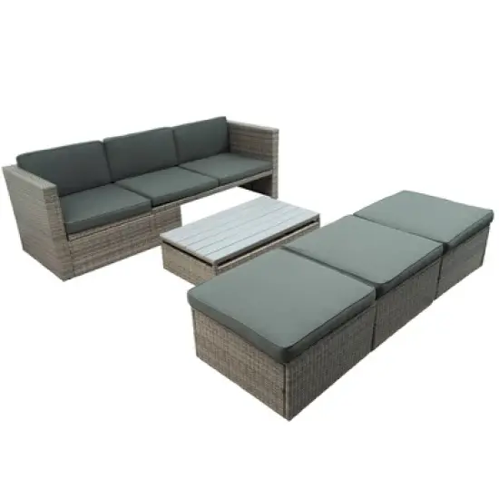 5pc Outdoor Wicker Conversations Set with Adjustable Sofa, Ottomans & Accent Table - Gray - GODEER image {7}