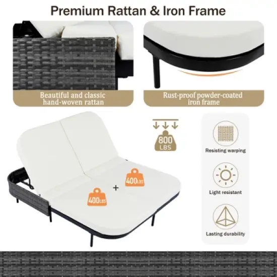 Whisen Outdoor Rattan Daybed with Beige Cushion, 5-Position Adjustable Backrest & Removable Pillows image {14}