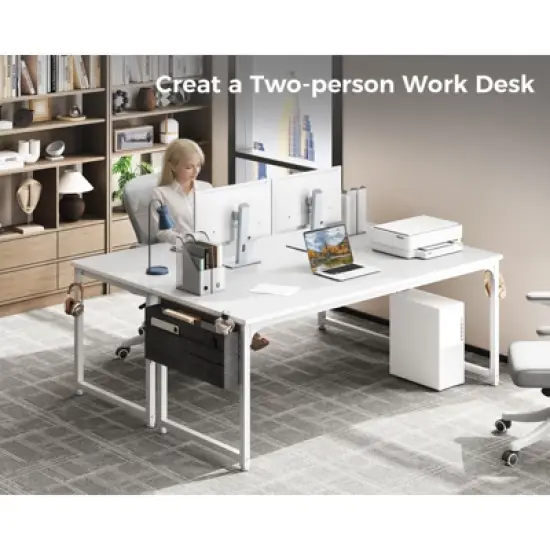 Itopfox Modern Computer Desk with Storage & Headphone Hook, Large Office Gaming Work Table, Splice Board Design, White Finish image {3}