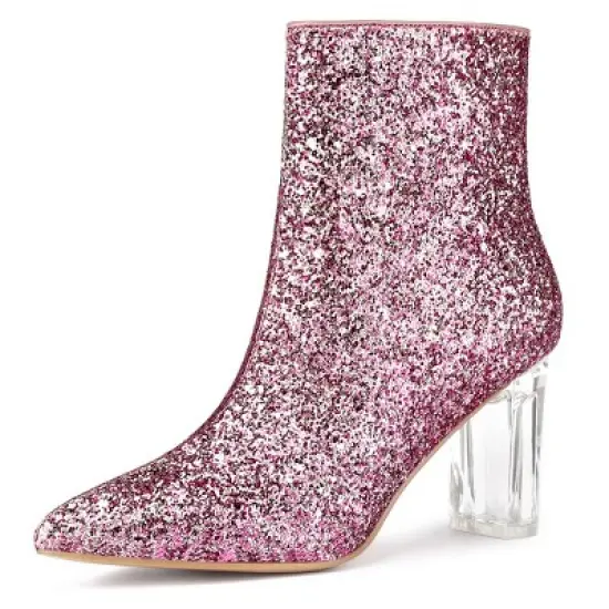 Allegra K Women's Clear Block Heel Glitter Ankle Boots image {7}