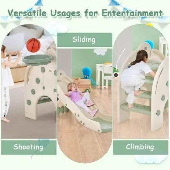 Costway 3-in-1 Toddler Slide with Buffer Zone Basketball Hoop & Ball Elephant Design image {7}