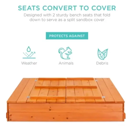 Best Choice Products 47x47-Inch Kids Wooden Outdoor Sandbox w/ 2 Foldable Bench Seats, Sand Protection, Liner - Brown image {2}