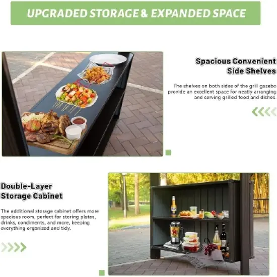 DOMETOUR 6x10FT Hardtop Grill Gazebo with Double Steel Roof, 2 Cabinets & Ceiling Hooks for Patio, Backyard, Lawn, Brown image {4}