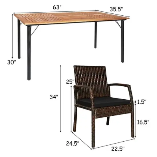 Tangkula 7PCS Patio Dining Furniture Set Yard w/ Wooden Tabletop Black Cushions image {2}