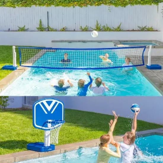 GoSports Splash Hoop 2-in-1 Pool Basketball Hoop & Volleyball Net Game Set - Blue image {1}