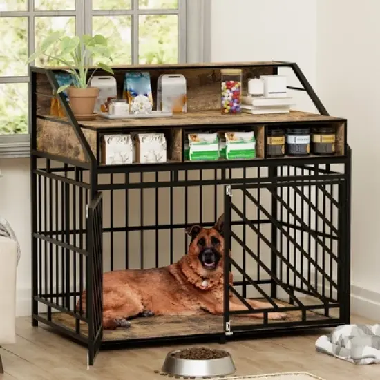 43 Inch Dog Crate Furniture for Small and Medium Dogs, Wood Dog Crate with Divider, Decorative Dog Kennel with Storage, Indoor Pet Cage House image {8}
