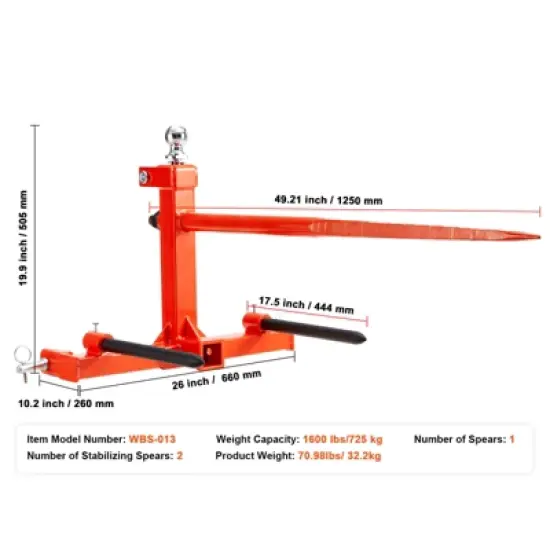VEVOR 49" Hay Spear, Bale Spears 1600lbs Loading Capacity, Three-Point Hitch Tractor Attachment with 2pcs 17.5" Stabilizer Spears, Red image {7}