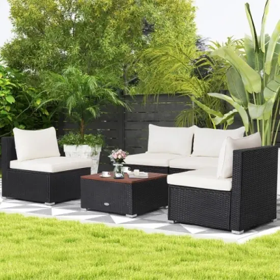 Tangkula 5PCS Rattan Patio Conversation Sofa Set Outdoor Furniture Set w/ Off White Cushions image {1}