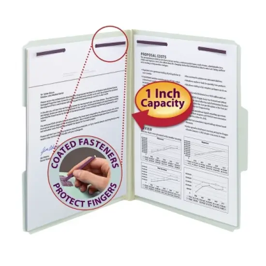 Smead Pressboard File Folder with SafeSHIELD  Fasteners, 2 Fasteners, 1/3-Cut Tab, 1" Expansion, Letter Size, Gray/Green, 25 per Box (14931) image {13}