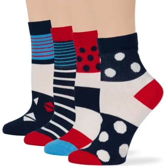 Women's Cotton Diabetic Quarter Patterned Socks - 4 Pack - Shoe Size 5-9 M, 8-12 L - Heart, Stripe, Flower - Black, Blue | 7BIGSTARS KINGDOM image {3}